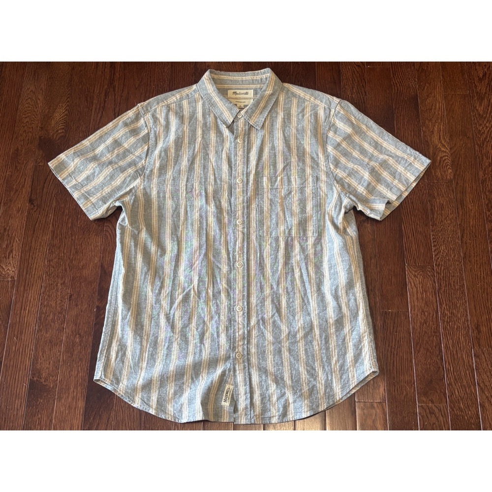 Madewell Mens Perfect Fit Striped Hemp Cotton Short Sleeve Shirt ND952 Blue M